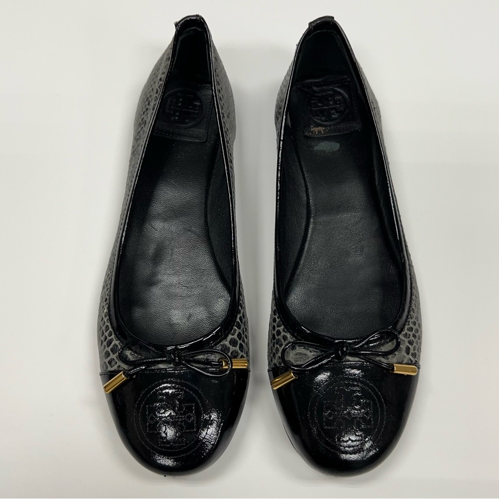 Tory Burch Verbena Snake Tribal Smoke Black Flats Size 8